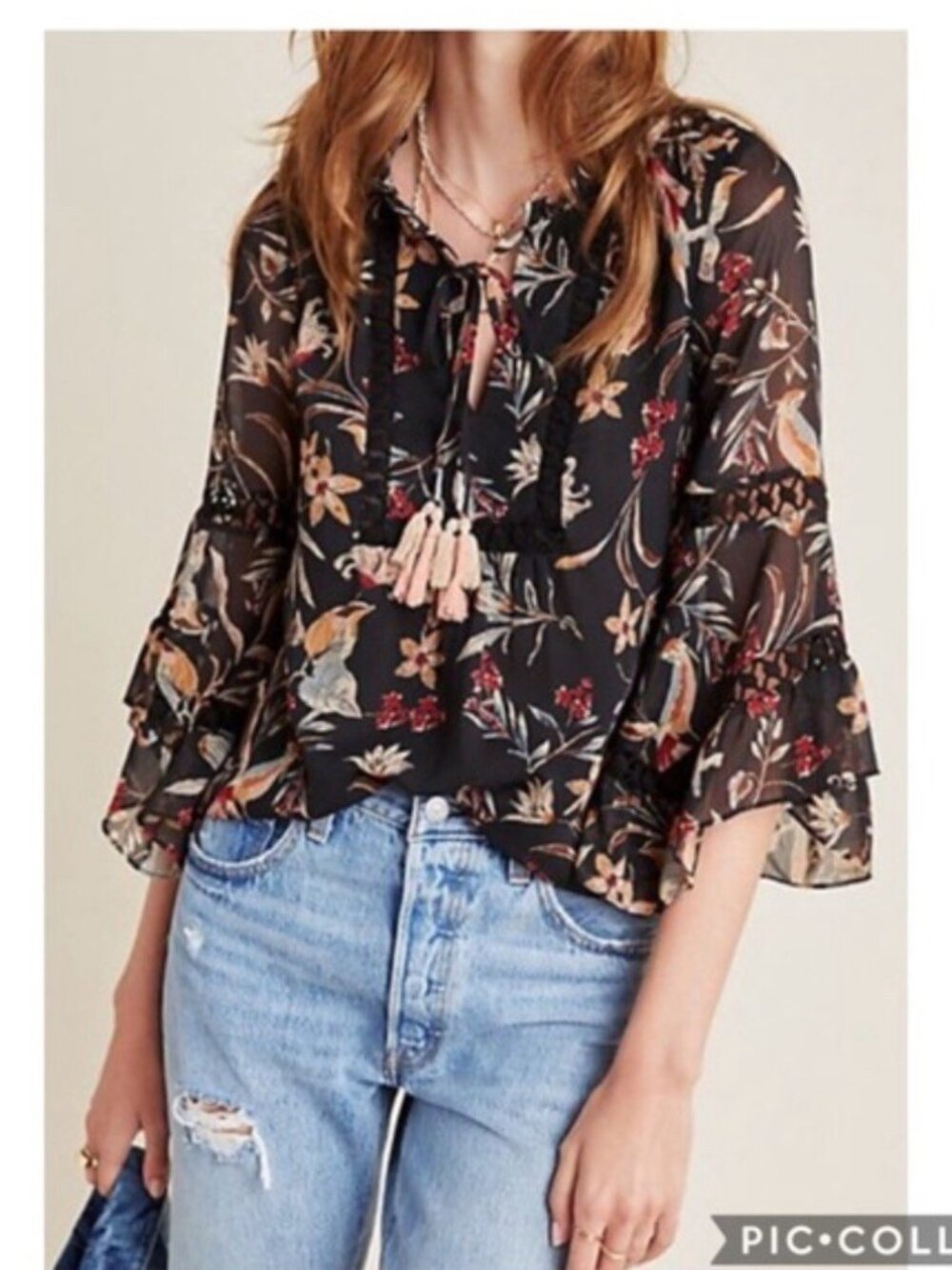 Maeve Anthropologie Odette Peasant Shirt  Size M Bird Black Floral Blouse Boho